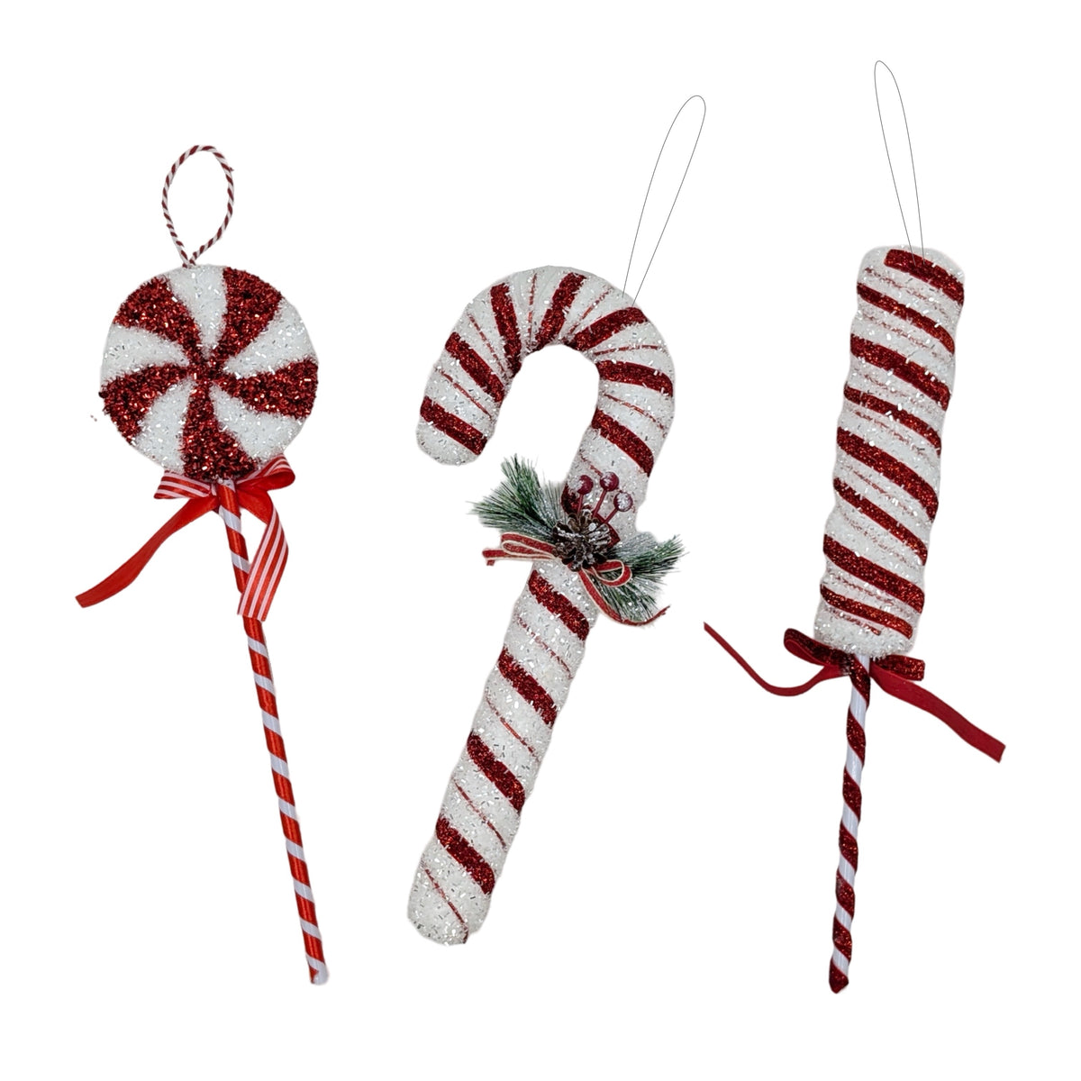 Bulk 24 Xmas R&w Glitter Lollipop Candycane Hanging 34-38cm 2 Asst