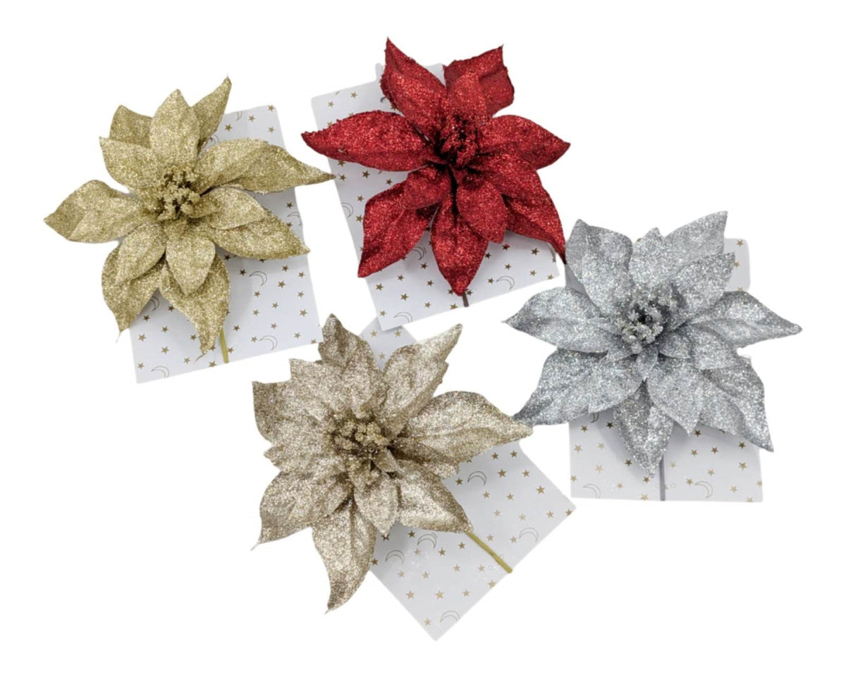 Bulk 36 Xmas Glitter Poinsettia W Clip 21cm 4 Asst