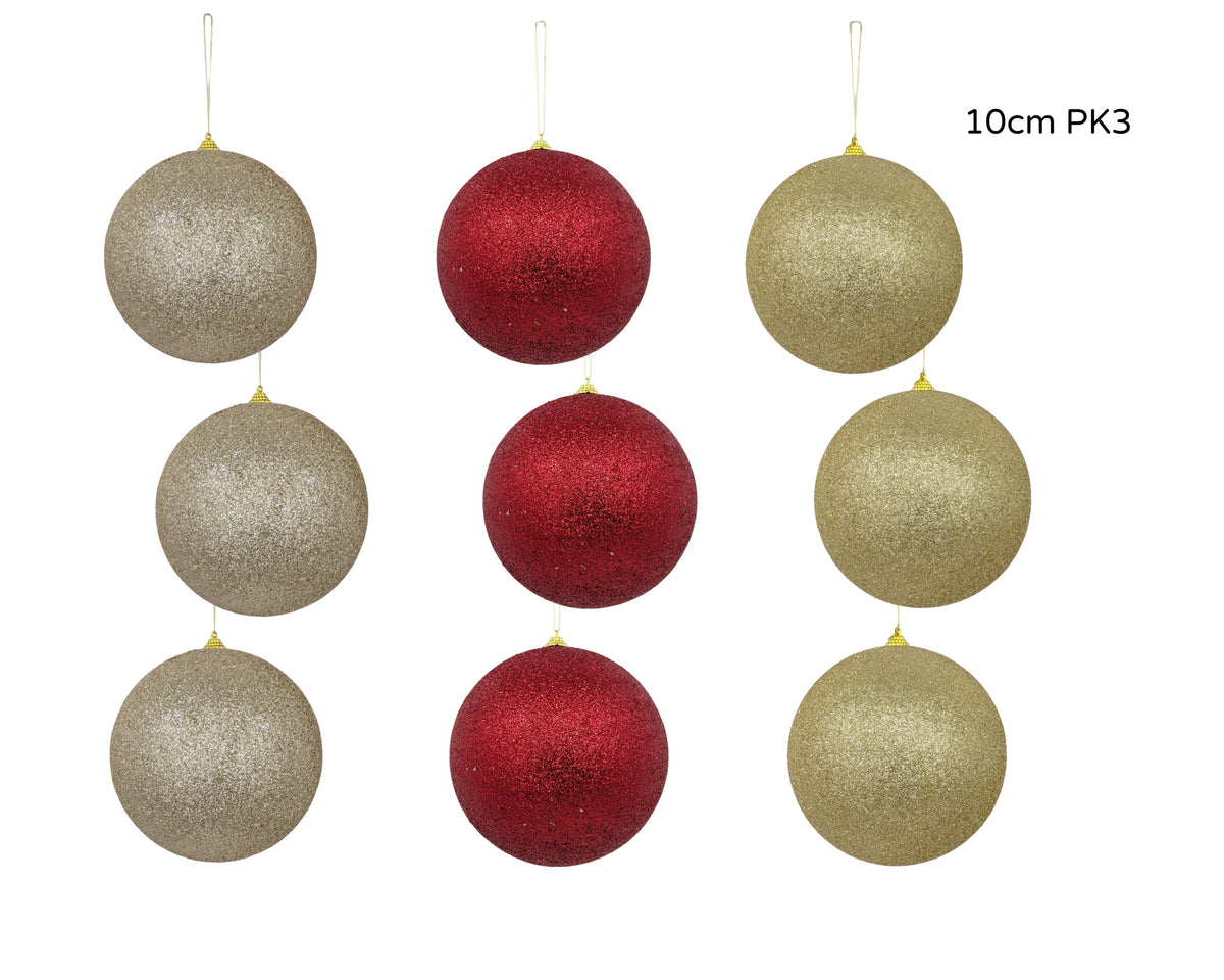 Bulk 24 Xmas Tree Glitter Bauble Polystyrene Xlrg 10cm pk3 3 Asst