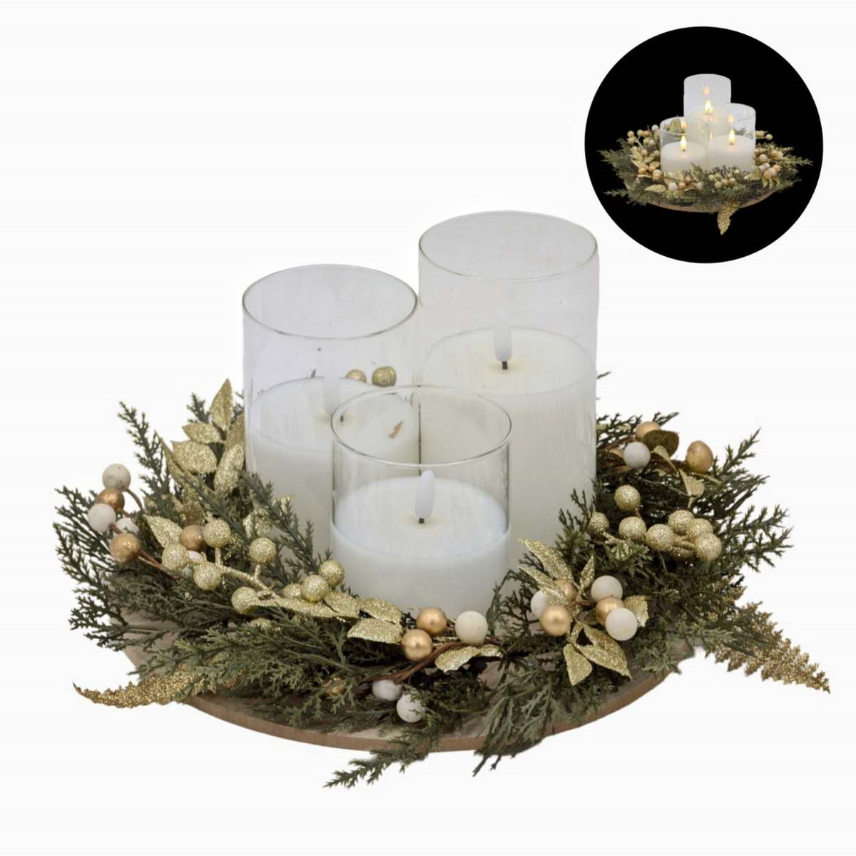 Bulk 4 Xmas Led Candle Set Green&gold Wreath On Tray 26x26x15cm