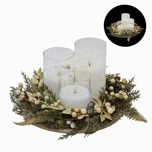 Bulk 4 Xmas Led Candle Set Green&gold Wreath On Tray 26x26x15cm