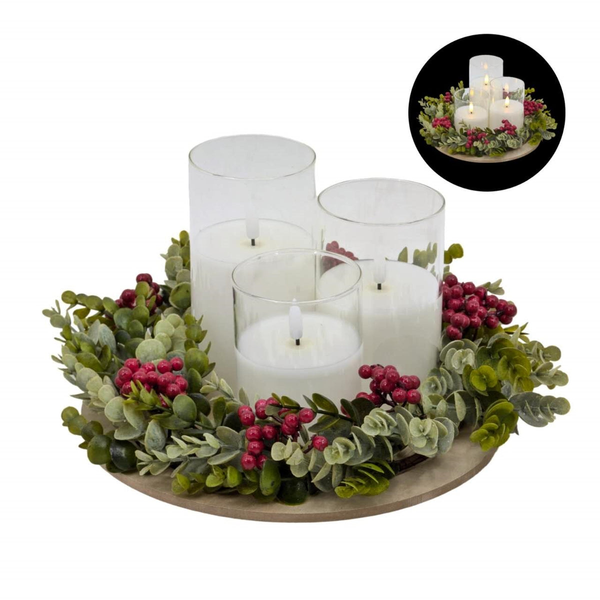 Bulk 4 Xmas Led Candle Set Green&red Wreath On Tray 26x26x15cm