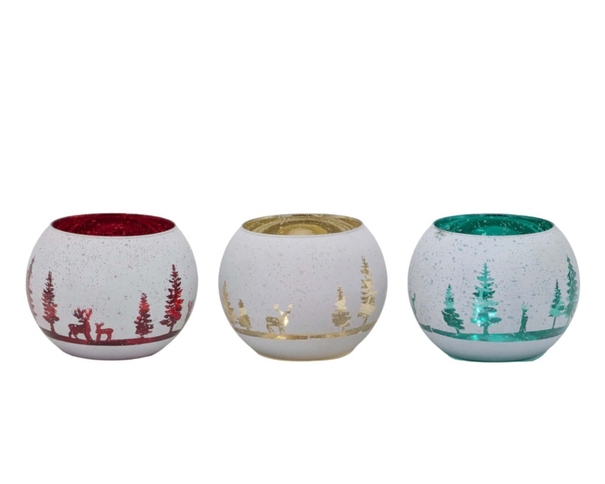 Bulk 12 Xmas Snowy Forest Glass Candle Holder 15x11cm 3 Asst