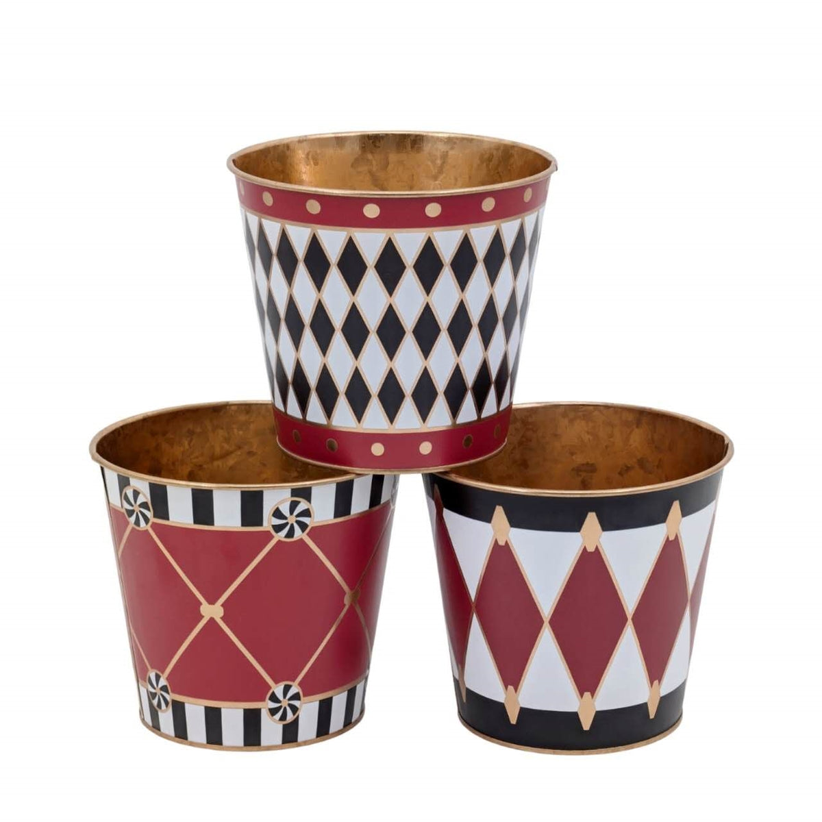 Bulk 24 Xmas Traditional Harlequin Metal Bucket Round 15x14cm 3 Asst