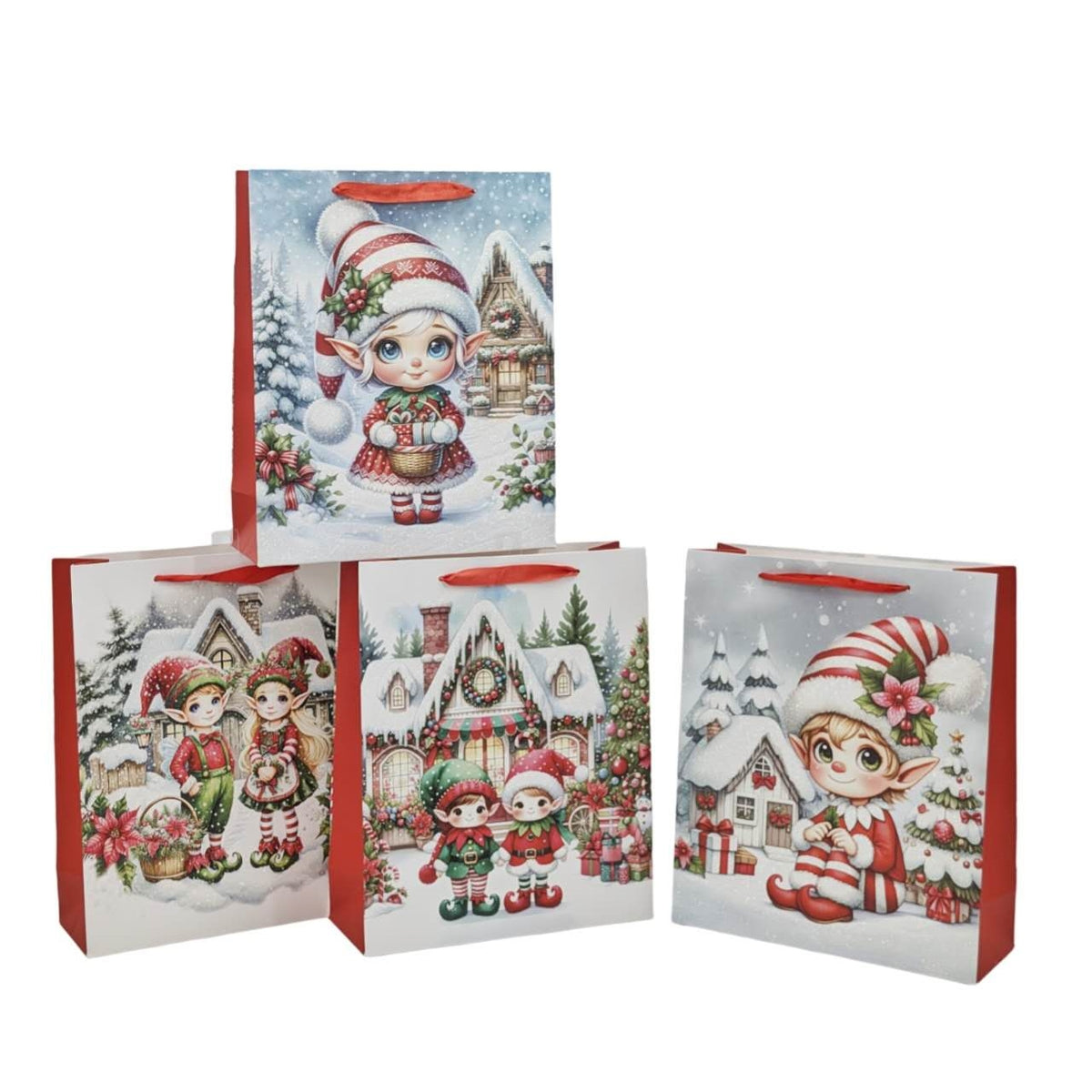 Bulk 48 Elf Village Gift Bag Xlrg 42x30x12cm 4 Asst