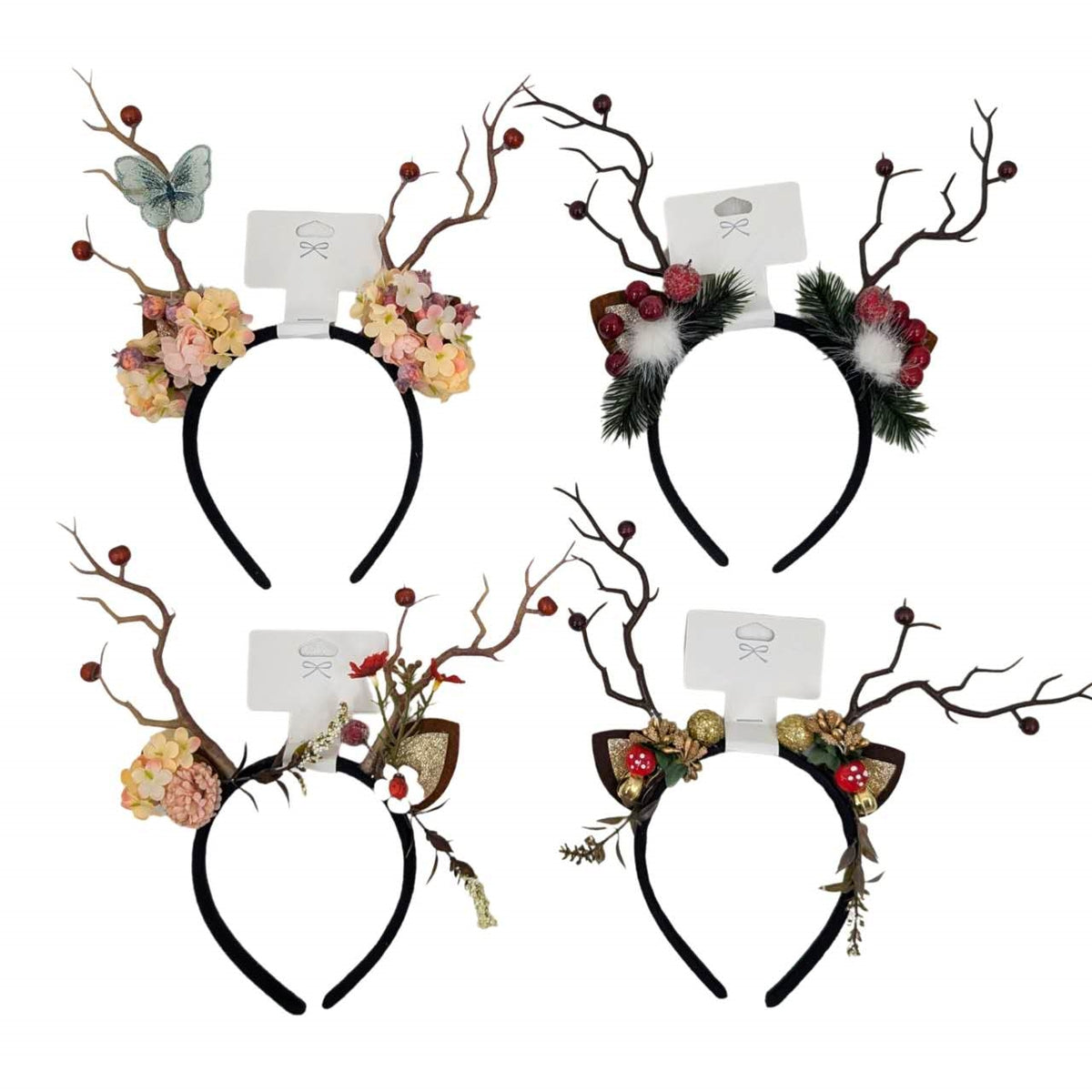 Bulk 24 Xmas Reindeer Floral Headband 26x27cm 4 Asst
