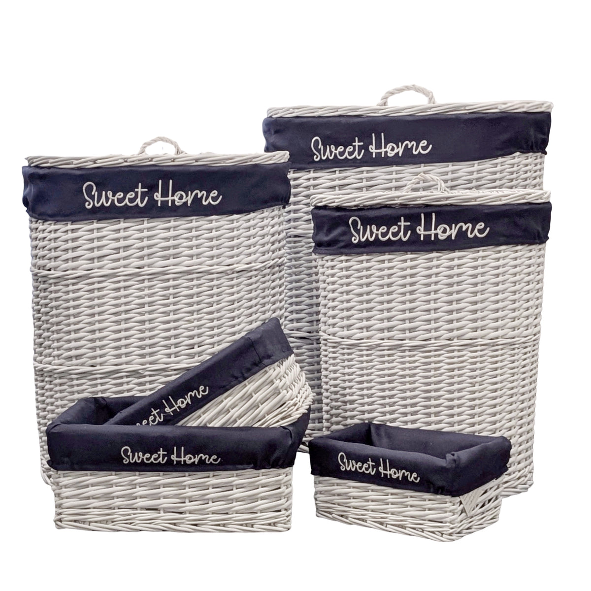 Set 6 Hampton Blue & White Baskets 66cm