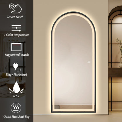Full Length Arched LED Mirror 180cm x 80cm Freestanding Wall Mounted Black Frame Dimmable