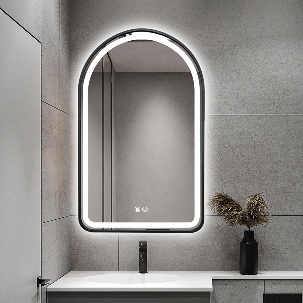 Arched LED Black Frame Wall Mirror 90cm x 50cm Frosted Dimmable Vanity Defogger