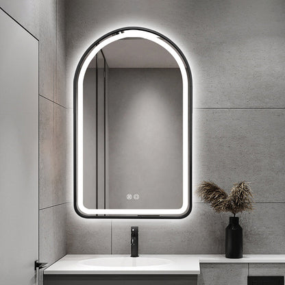 Arched LED Black Frame Wall Mirror 90cm x 50cm Frosted Dimmable Vanity Defogger