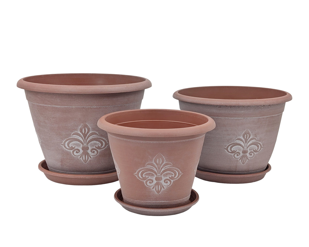 bulk 24 Patterned Plastic Garden Pot & Saucer 25cm
