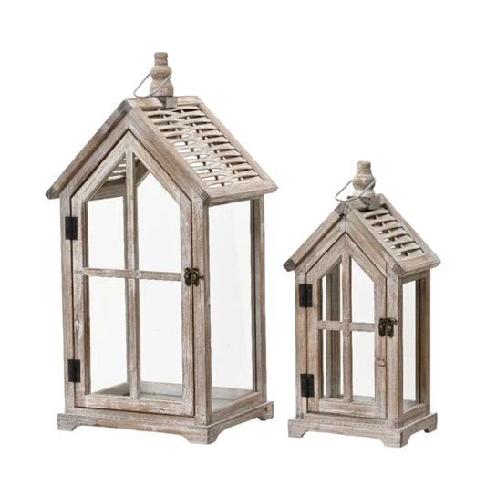 Set 2 Wooden House Lanterns 60cm