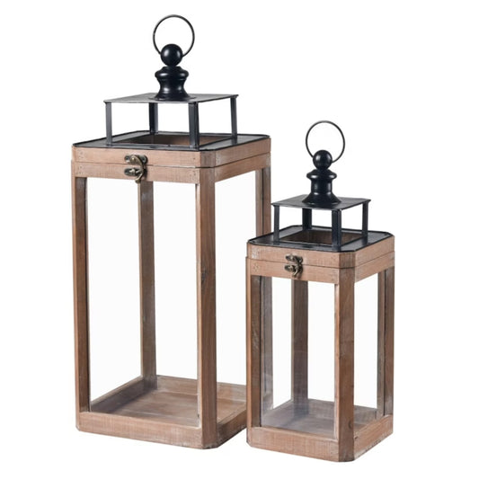Set 2 Wooden Rustic Charm Lanterns 49cm