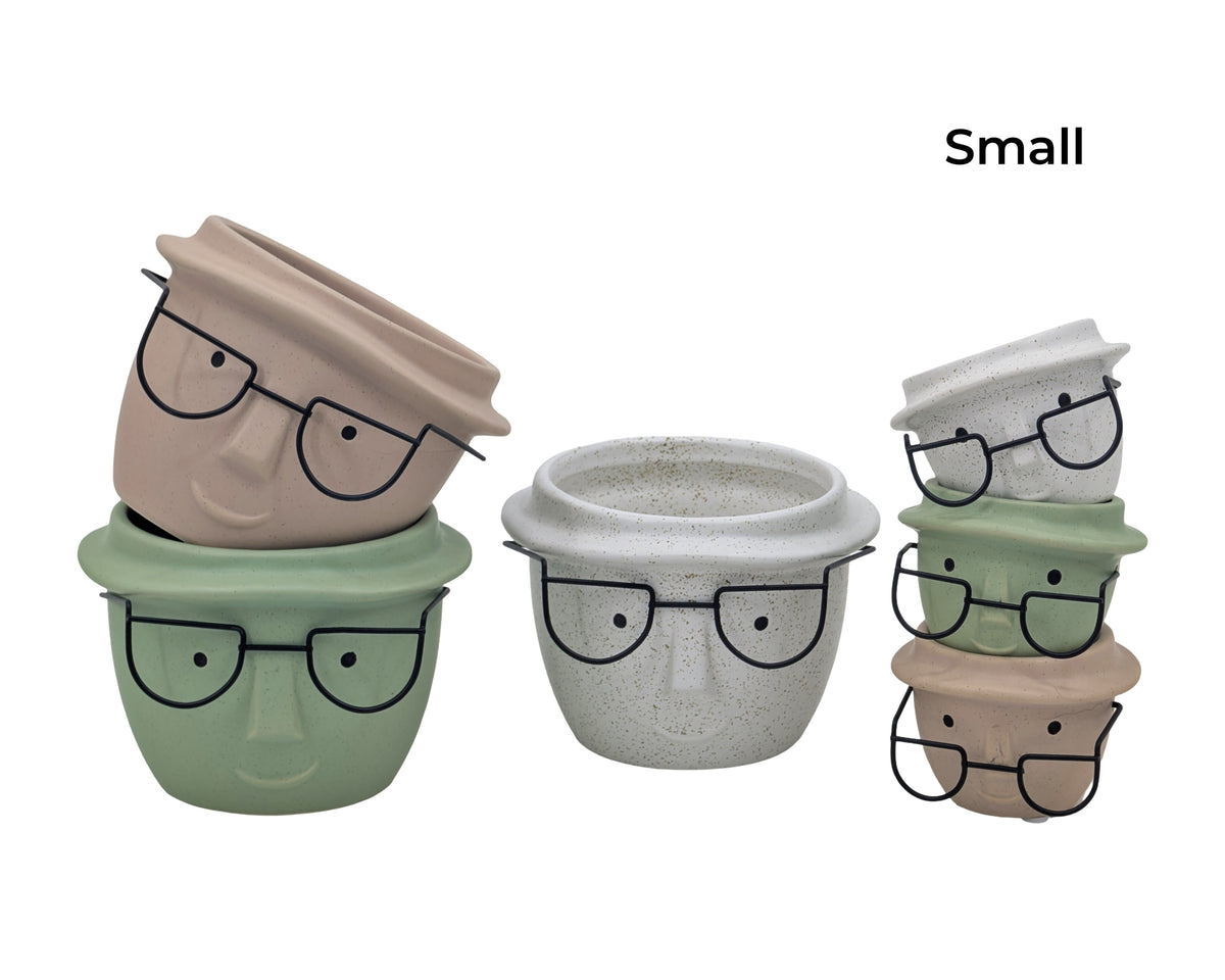 Bulk 18 Man W Metal Glasses Ceramic Pot Planter 9x6.5cmh 3asst
