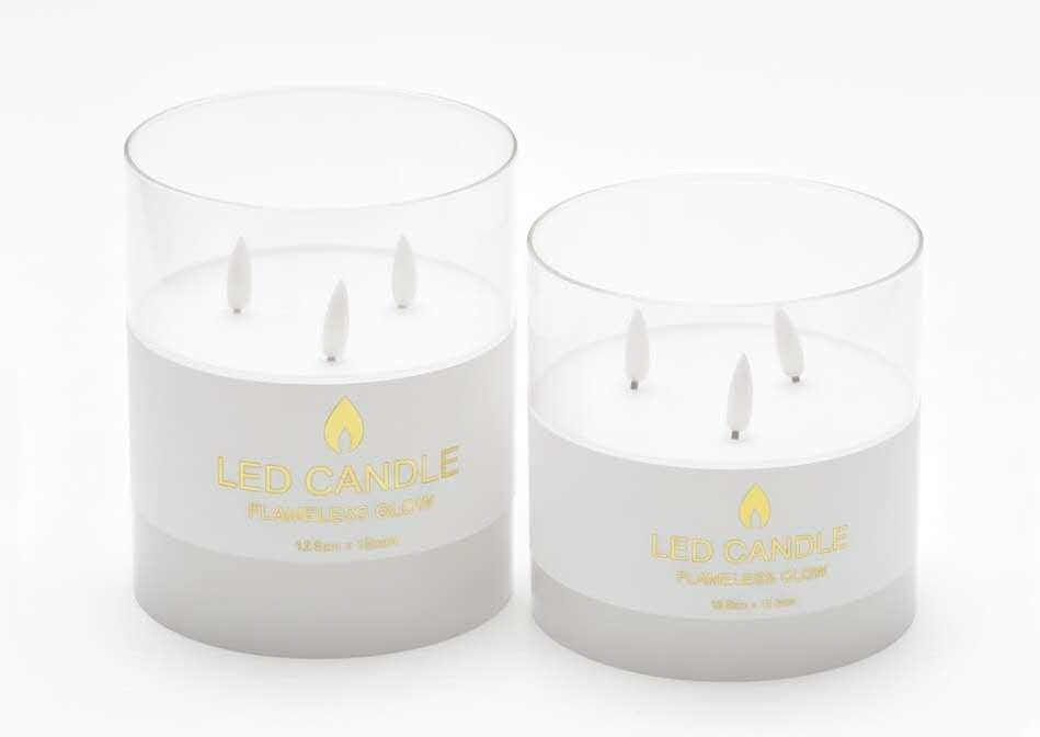 Bulk 6 Glass Tube Led Candle 3 Wick 12.5x15cm White