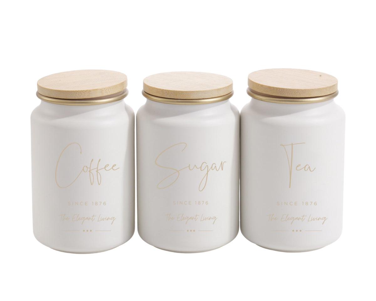 Set 3 Coffee Sugar Tea Canisters W/ Bamboo Lid 15cm