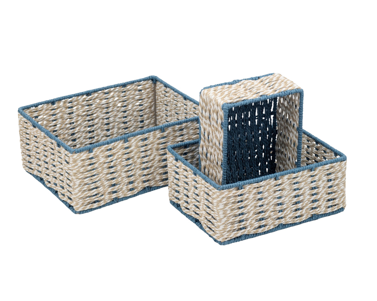Bulk 4 Blue & Natural Paper Rope Storage Basket s/3 32x25x14h