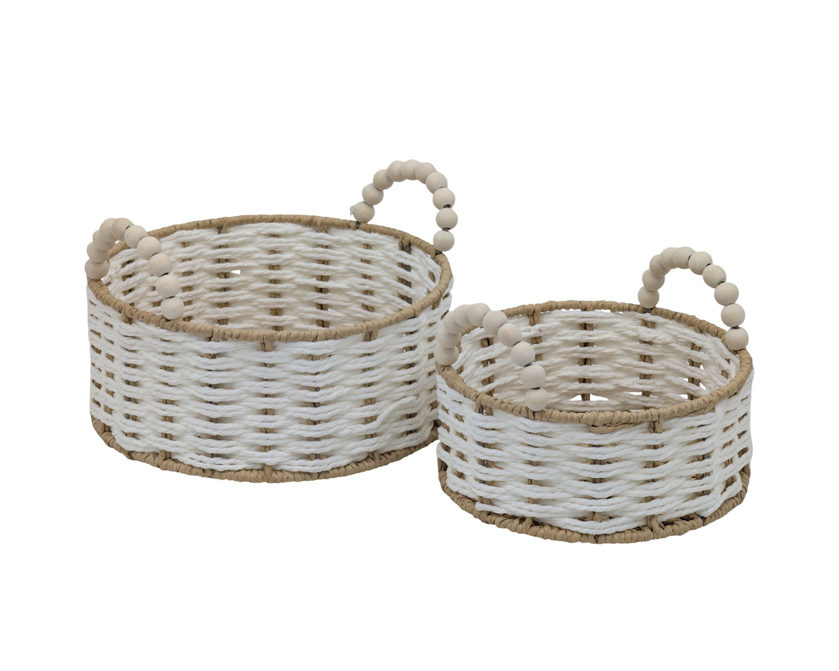 Bulk 6 Natural & White Paper Rope Basket W Bead Handle d25xh11/17cm