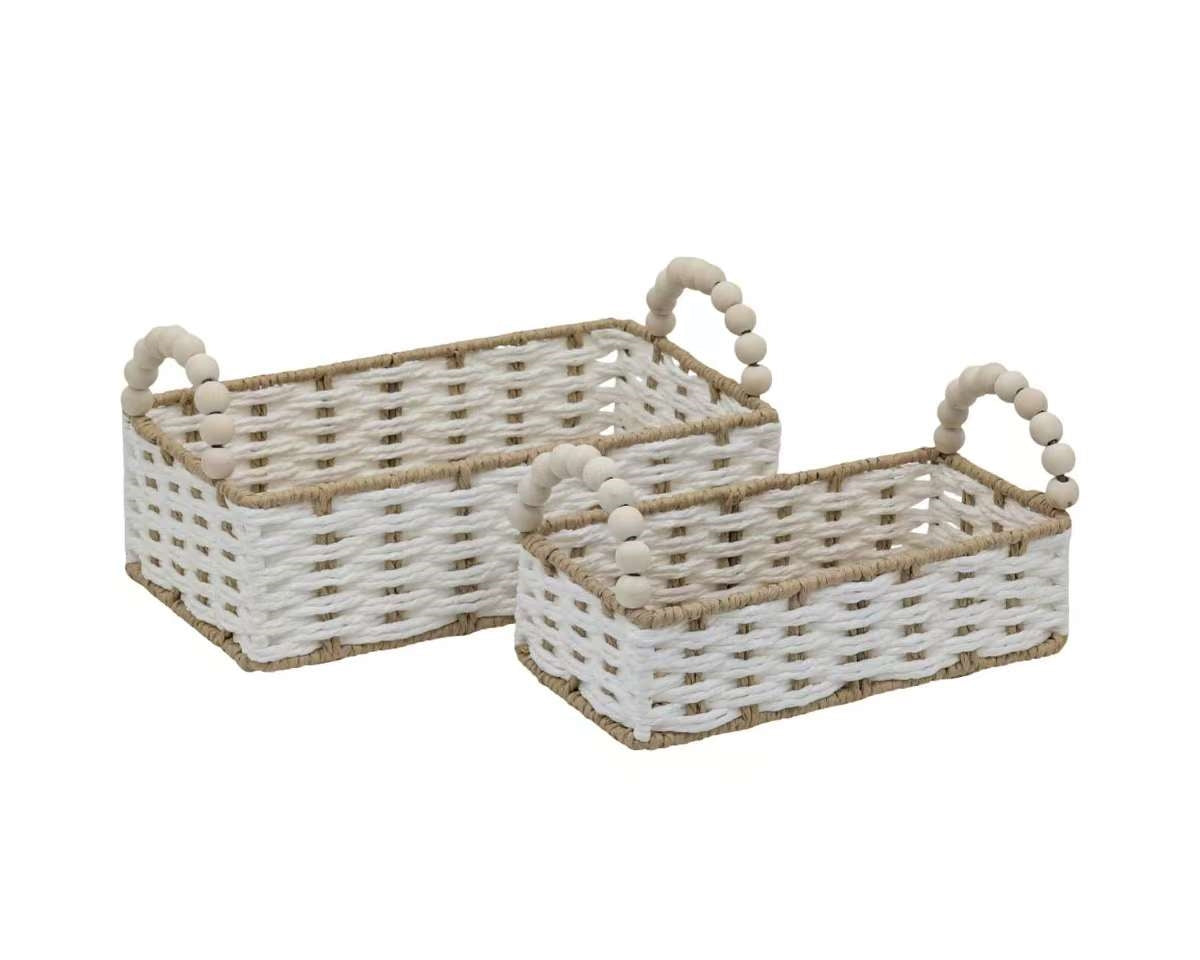 Bulk 6 Natural & White Paper Rope Basket W Bead Handle 29x16x9/15h