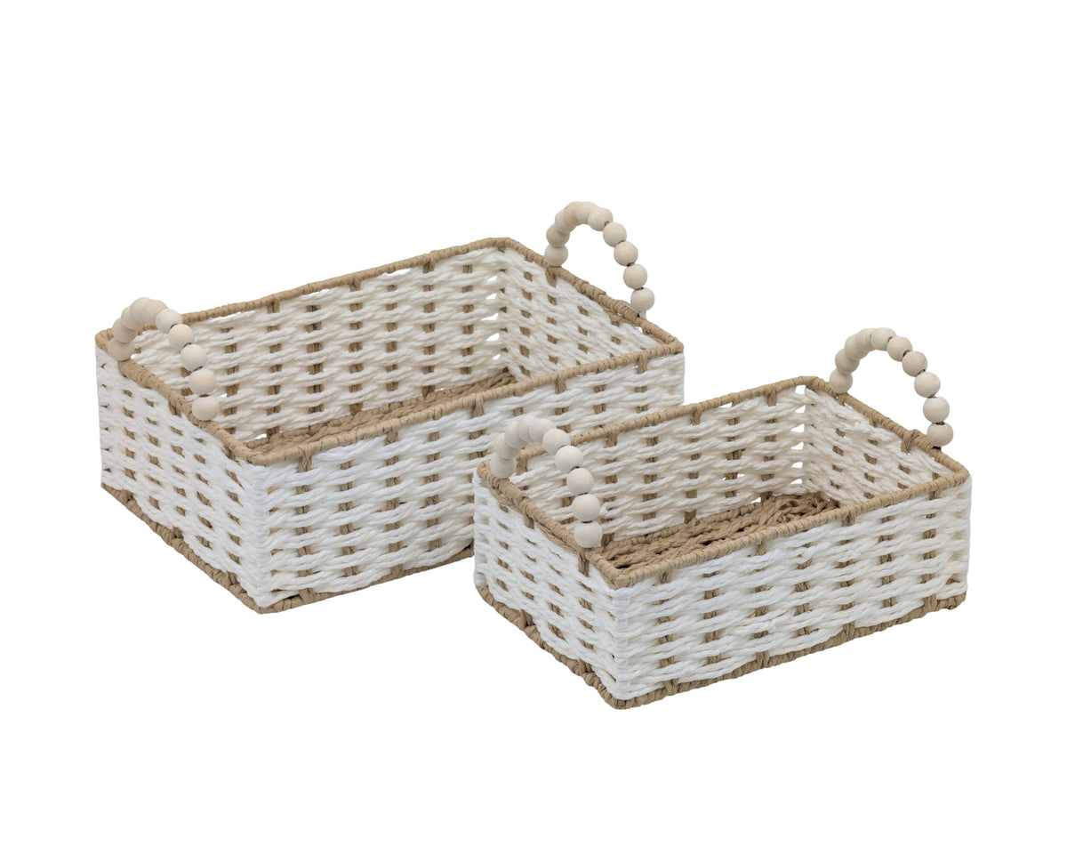 Bulk 6 Natural & White Paper Rope Basket W Bead Handle 31x21x11/17h