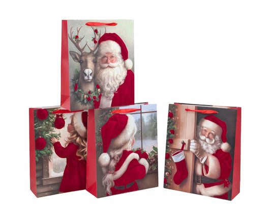 Bulk 48 Flocked Velvet Santa Gift Bag Sml 14.2x11.3x6.5cm 4 Asst