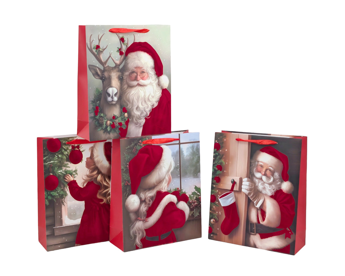 Bulk 48 Flocked Velvet Santa Gift Bag Med 23x18x10cm 4 Asst