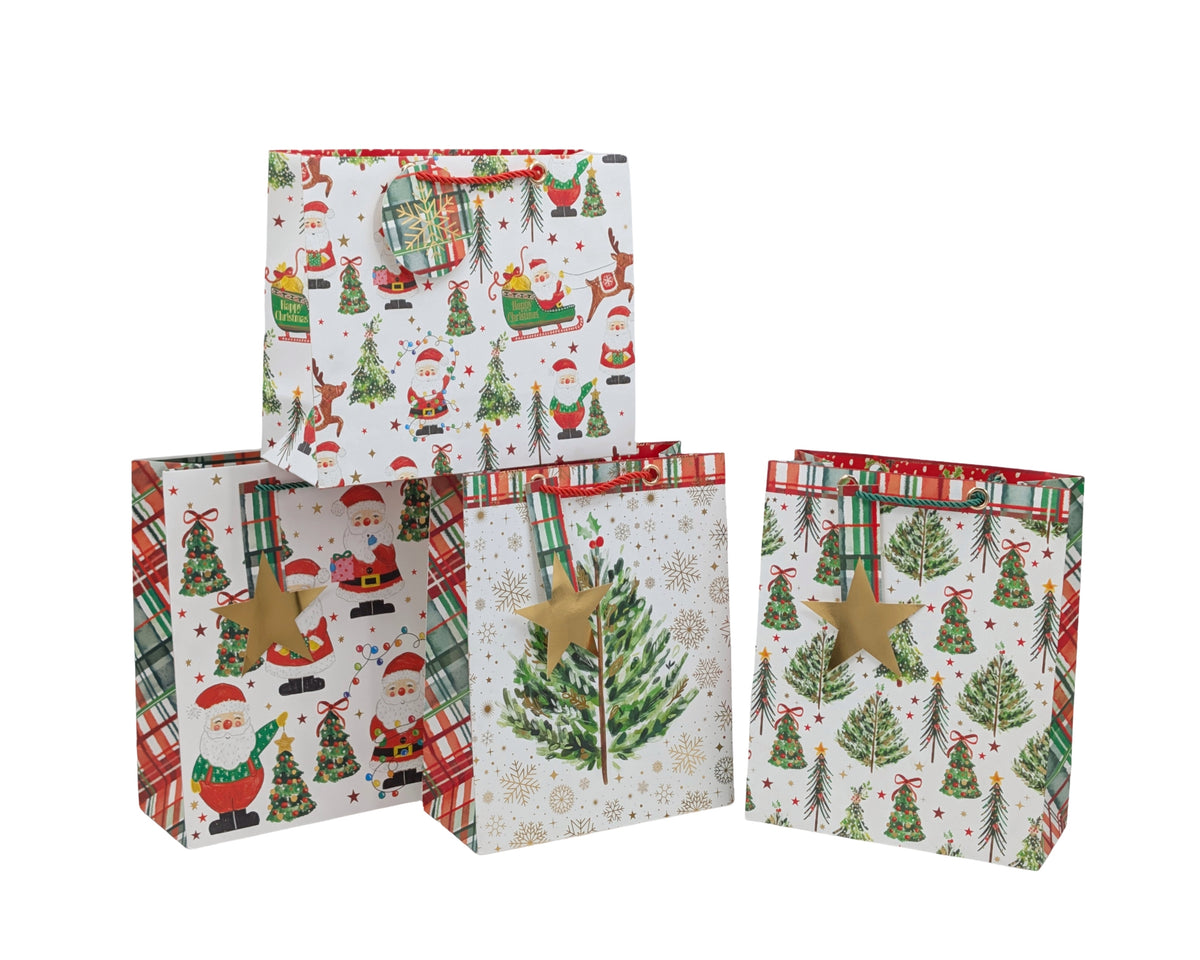 Bulk 48 Xmas Tree & Santa Gift Bag Foiled Med 23x18x10cm 4 Asst