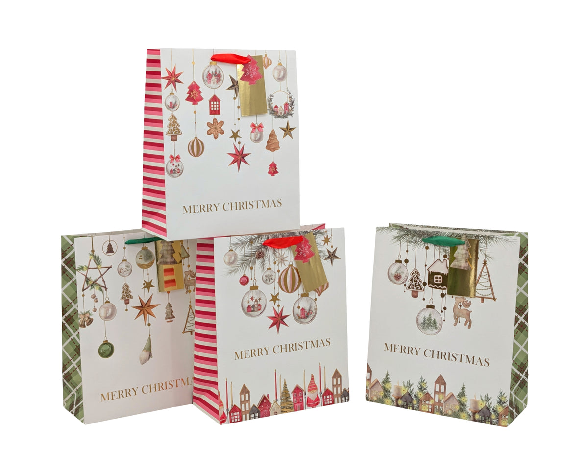 Bulk 48 Rich Foiled Traditional Xmas Bag Lrg 32x26x12cm 4 Asst