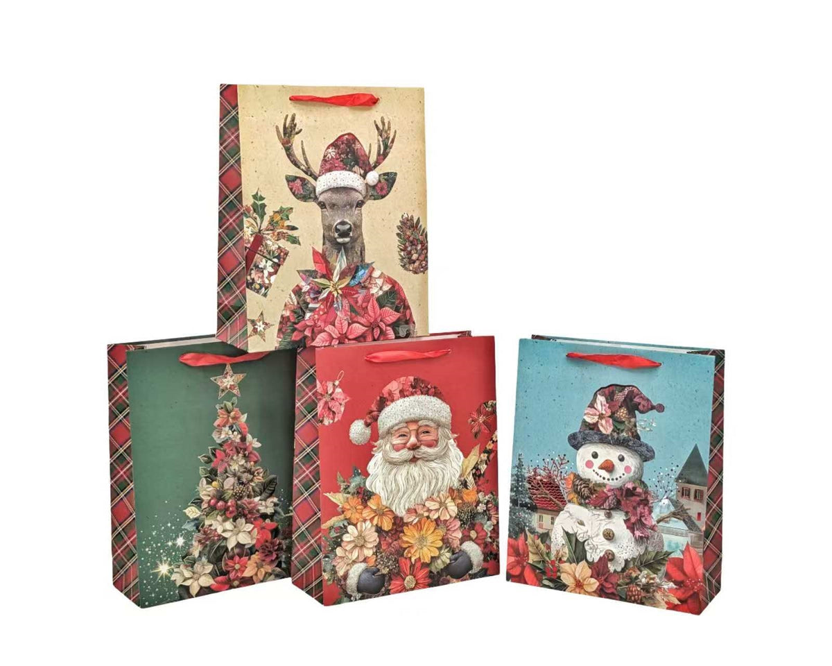 Bulk 48 Floral Vintage Xmas Bag Foiled Xlrg 42x31x12cm 4 Asst