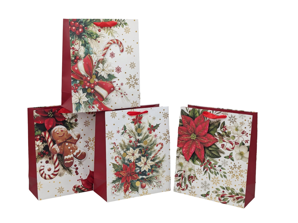 Bulk 48 3d Foiled Traditional Xmas Bag Sml 14.2x11.3x6.5cm 4 Asst