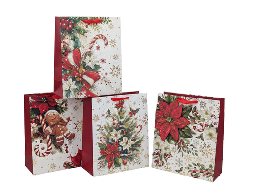 Bulk 48 3d Foiled Traditional Xmas Bag Med 23x18x10cm 4 Asst