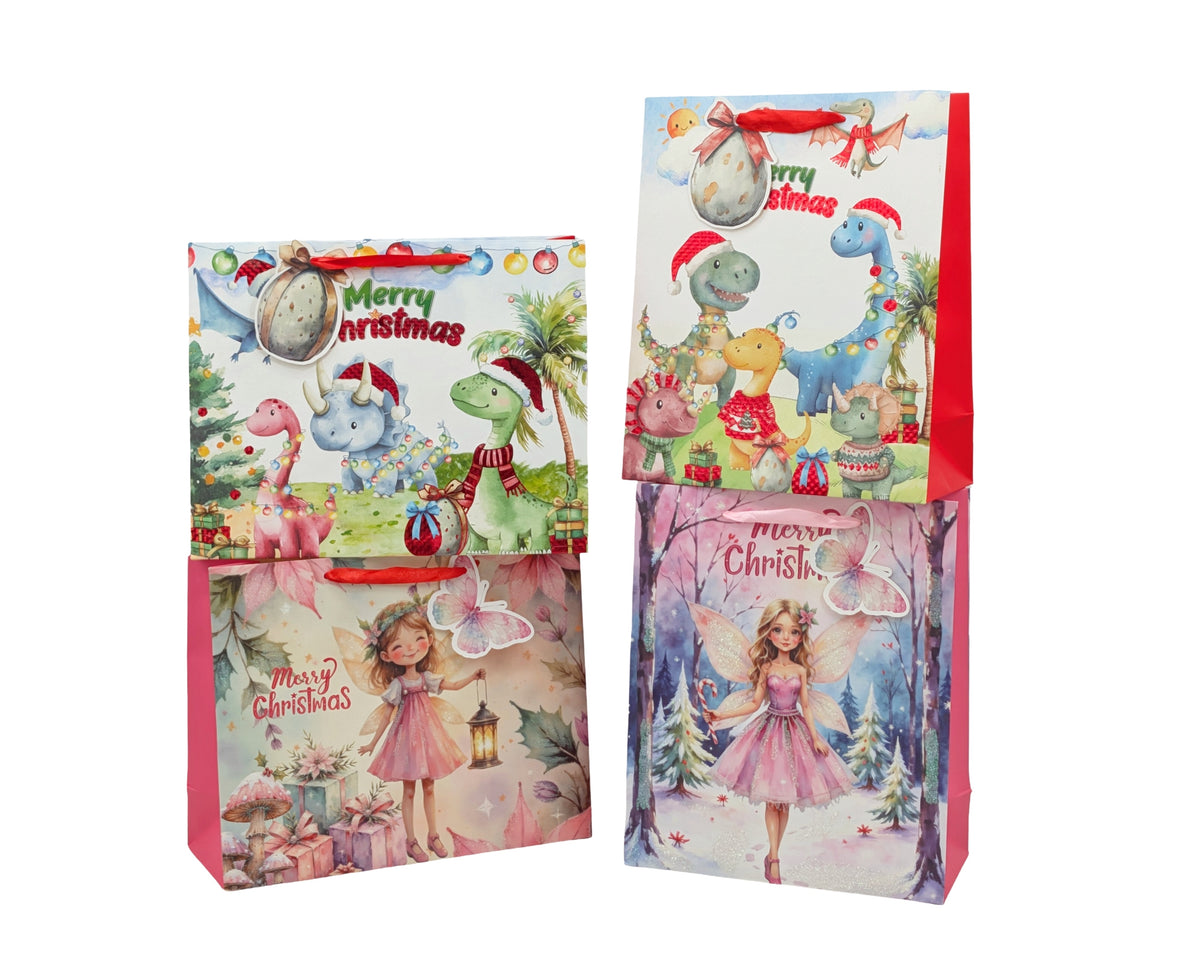 Bulk 48 Fairy & Dinosaur Xmas Bag Glitter Xlrg 42x31x12cm 4 Asst