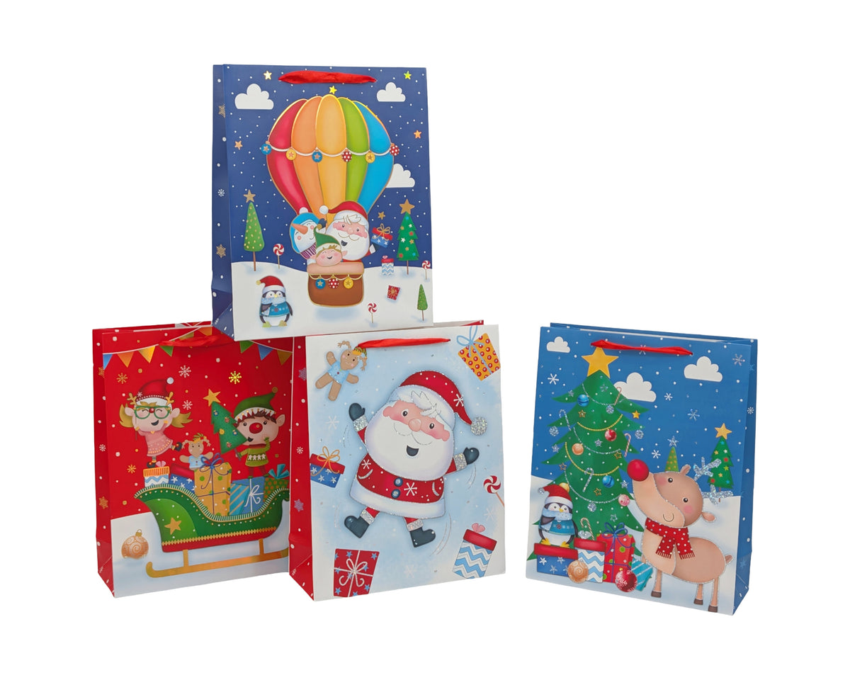 Bulk 48 Happy Fun Xmas Bag Foiled Med 23x18x10cm 4 Asst