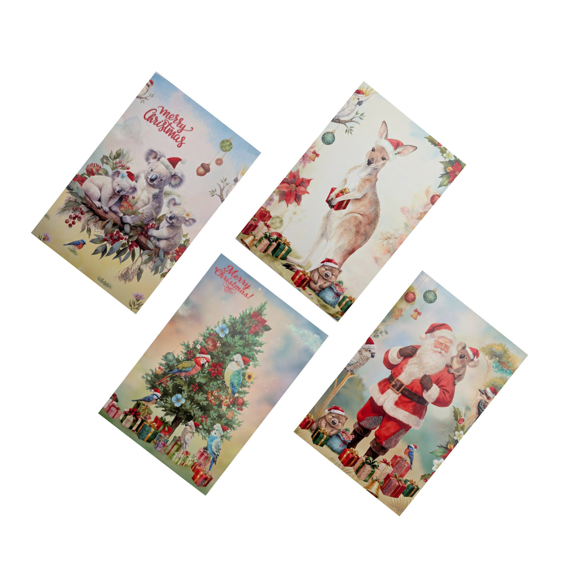 Bulk 48 Aussie Native Xmas Cards Glitter pk8 11.5x17.5cm Asst
