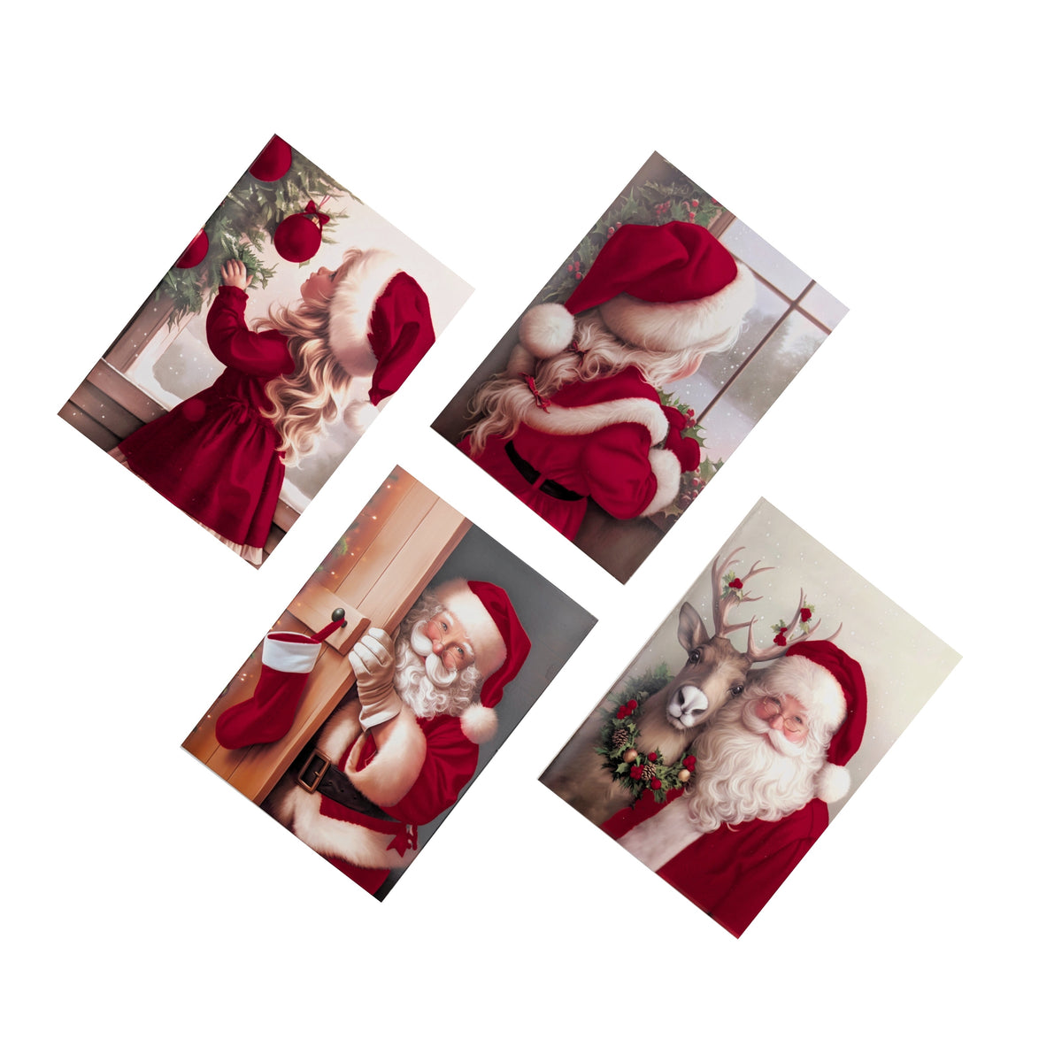 Bulk 48 Flocked Velvet Santa & Family Xmas Cards pk6 12x17cm Asst