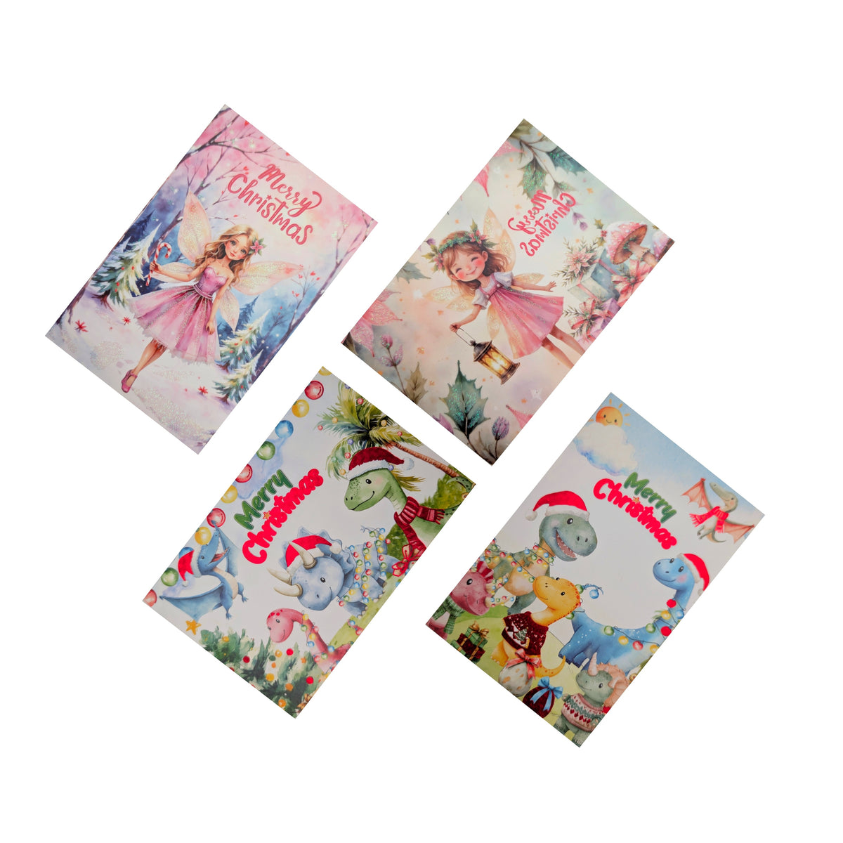 Bulk 48 Fairy & Dinosaur Xmas Cards Glitter pk8 11.5x17.5cm Asst