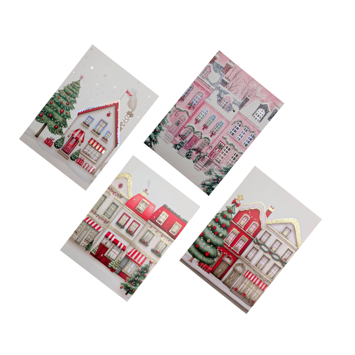 Bulk 48 Xmas Village Cards Foiled Or Glittered pk8 12x17cm Asst