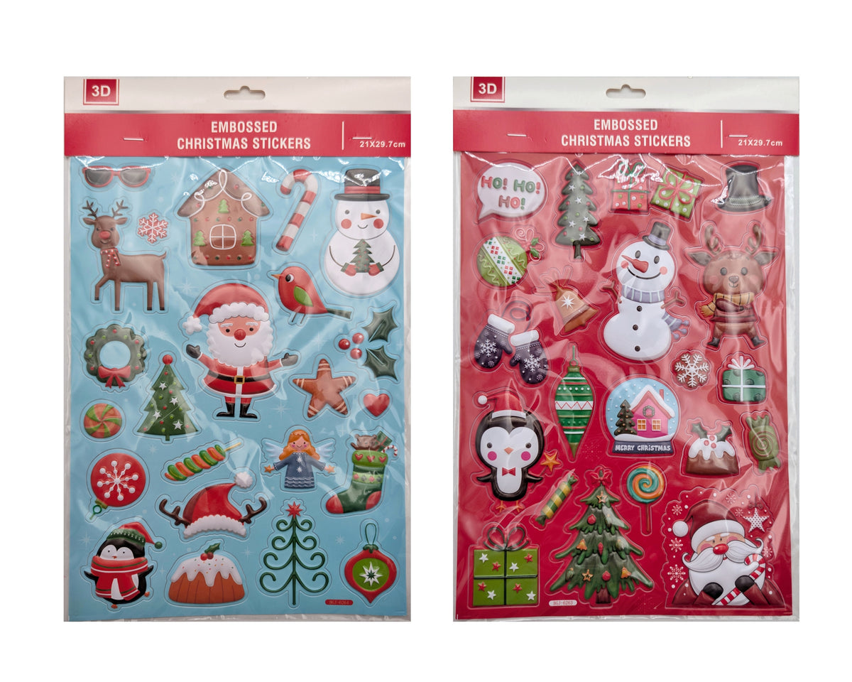 Bulk 24 3d Embossed Xmas Stickers 21x29.7cm 2 Asst