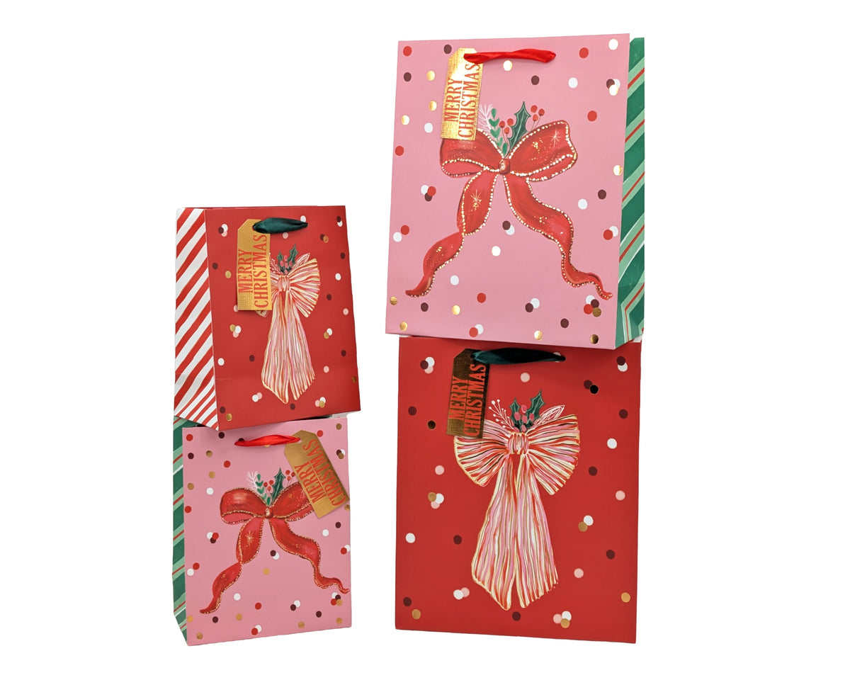 Bulk 24 Red Bow Foiled Xmas Bag Lrg 32x26x12cm 2 Asst