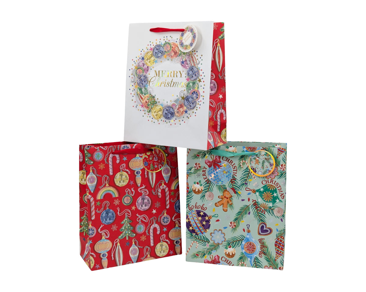 Bulk 48 Bauble & Bright Xmas Bag Foiled Lrg 32x26x12cm 4 Asst