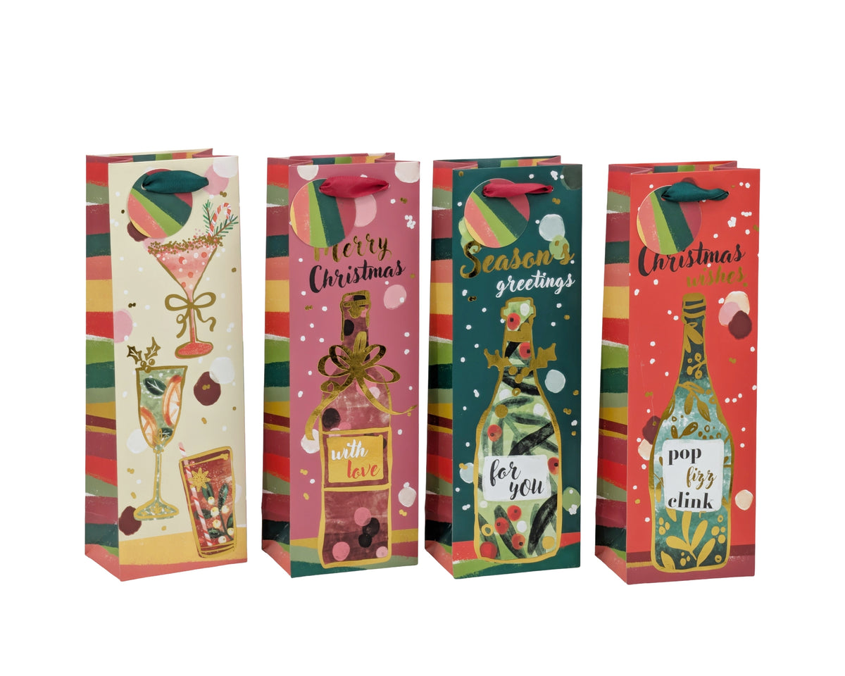 Bulk 48 Xmas Cheers Bottle Bag Foiled 36x12x10cm 4 Asst
