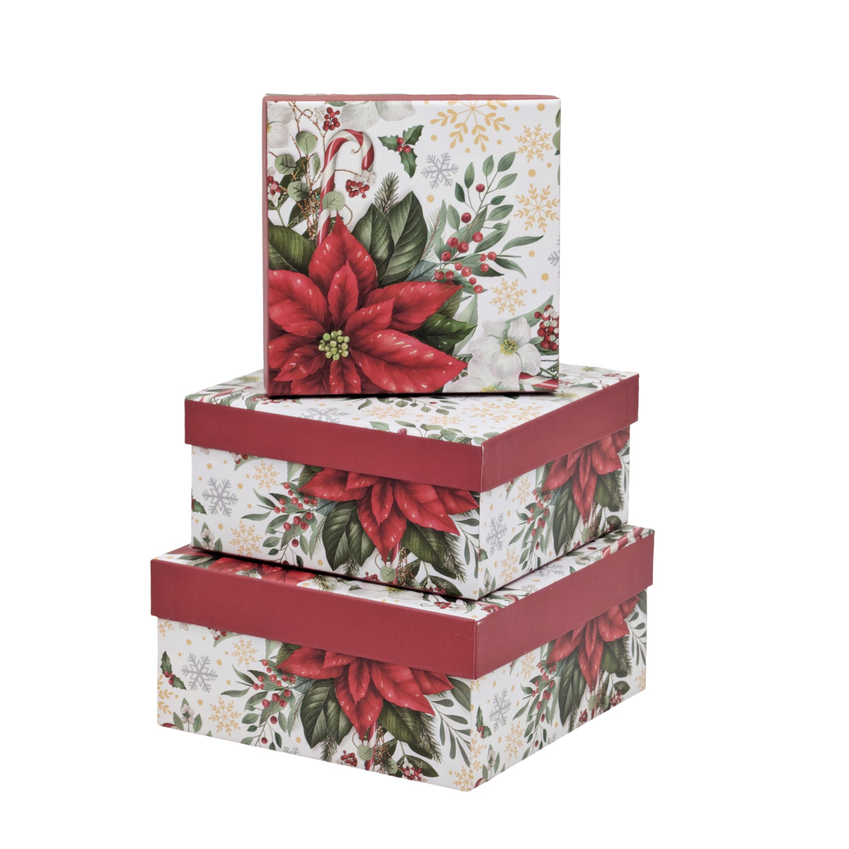 Bulk 4 Poinsettia Xmas Square Gift Box Set 3 20x20x9.5cm