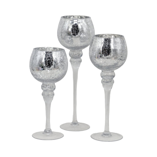 Bulk 2 Silver Crackle Candle Holder s/3 13x13x40cmh