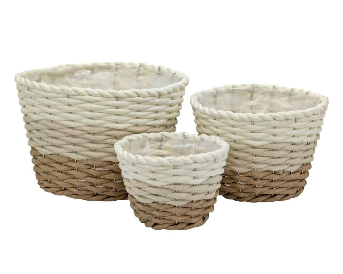 Bulk 6 Natural & White Paper Rope Basket 25x17cm