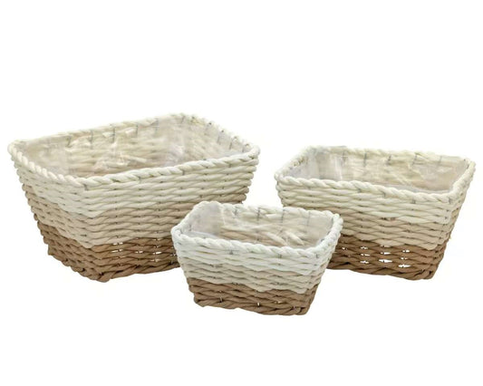 Bulk 6 Natural & White Paper Rope Basket 30x24x17cm