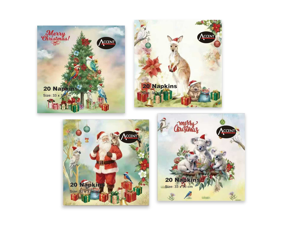 Bulk 48 Aussie Native Xmas Napkin 2ply pk20 33x33cm