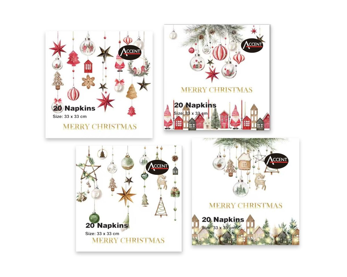 Bulk 48 Hanging Bauble Xmas Napkin 2ply pk20 33x33cm
