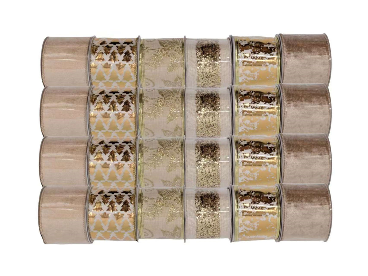 Bulk 24 Xmas Gold Luxe Ribbon 6.3cmx3m 6 Asst