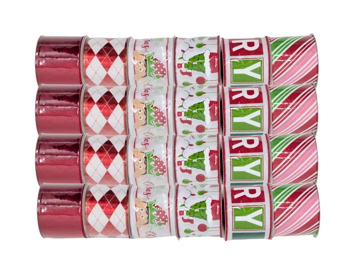 Bulk 24 Xmas Red & Green Elf Ribbon 6.3cmx3m 6 Asst