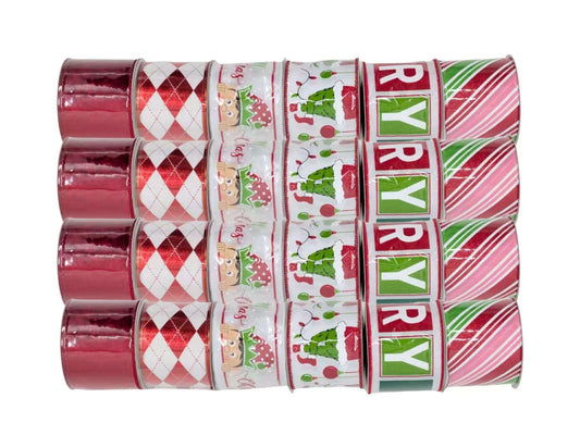 Bulk 24 Xmas Red & Green Elf Ribbon 6.3cmx3m 6 Asst